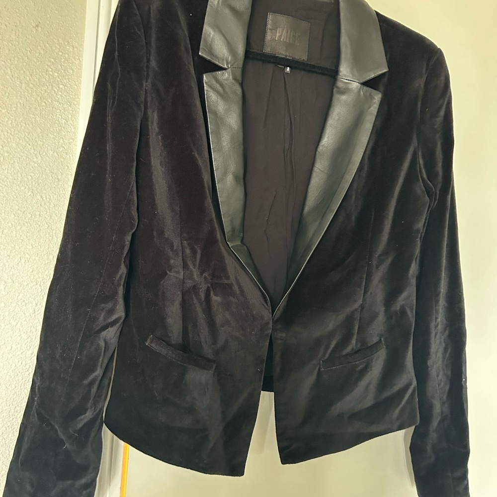Paige Black Velvet Blazer with Leather Collar